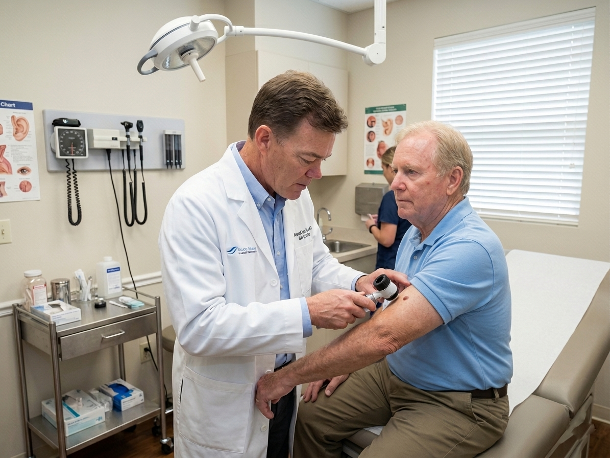 Dr. Ronald Van Tuyl examining a patient during a skin evaluation